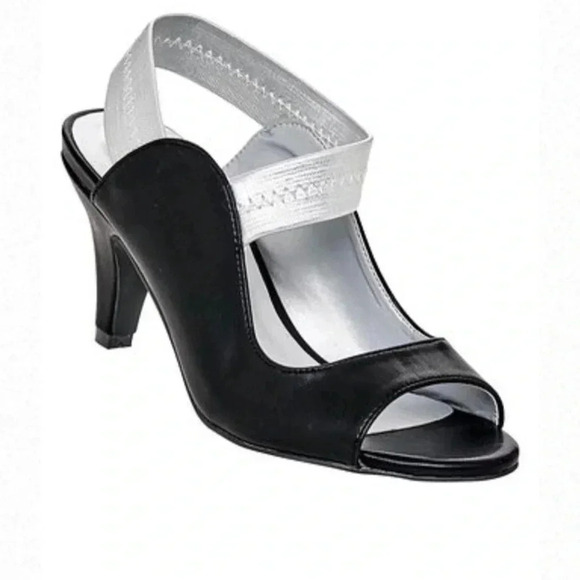 ANGEL STEPS* Women's Adult Abagail Open Toe Black Silver Slingback Dress Heels - Picture 1 of 5